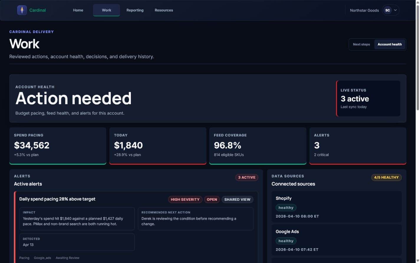 Guardian account health screen showing budget pacing, feed coverage, and active alerts