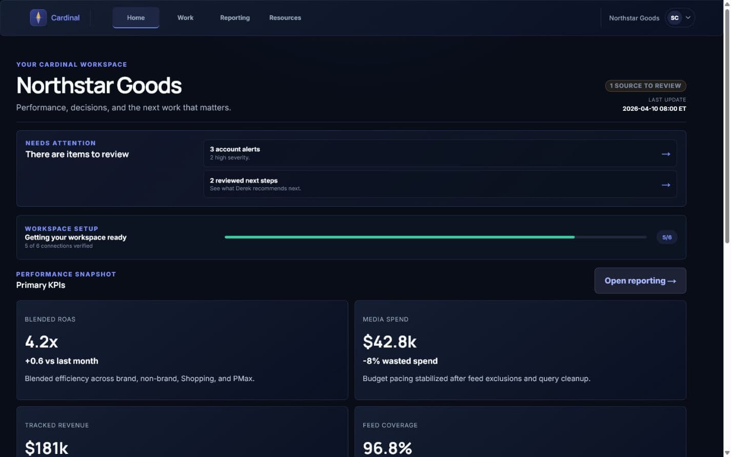 Cardinal overview showing reports, account health, and reviewed next steps